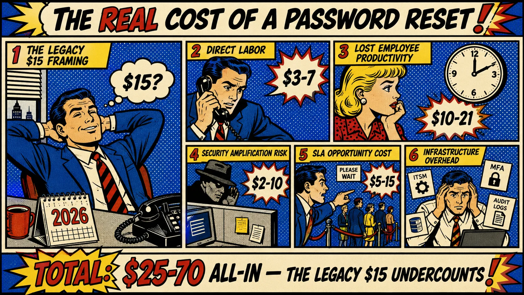 Comic-strip style infographic: "The Real Cost of a Password Reset!" - 6 panels showing the legacy $15 framing, direct labor $3-7, lost productivity $10-21, security risk $2-10, SLA opportunity cost $5-15, infrastructure overhead. Total: $25-70 all-in. as taken from Avatier