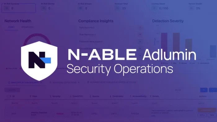 N-able Adlumin Security Operations dashboard showing network health, compliance insights, and detection severity, as taken from N-able