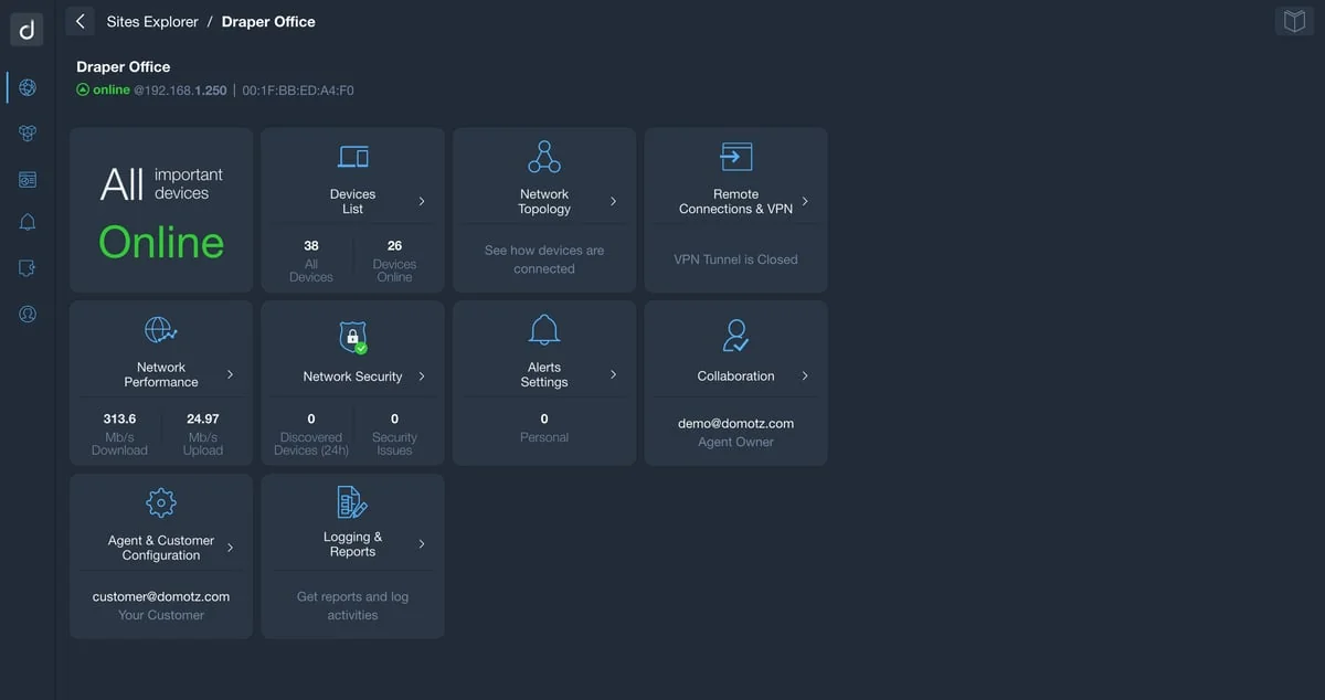 Domotz site explorer view showing a single client site's online status, device count, network performance stats, remote VPN, and navigation to all features