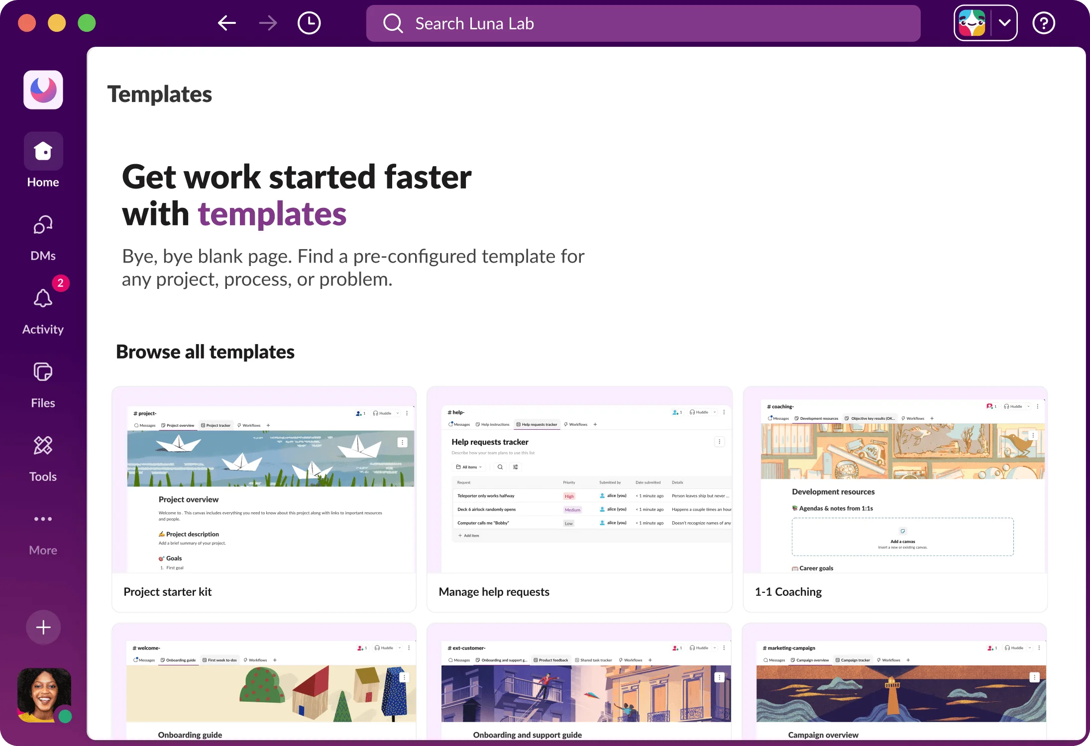 Slack's workflow template gallery showing available pre-built automation templates for IT teams, as taken from Slack