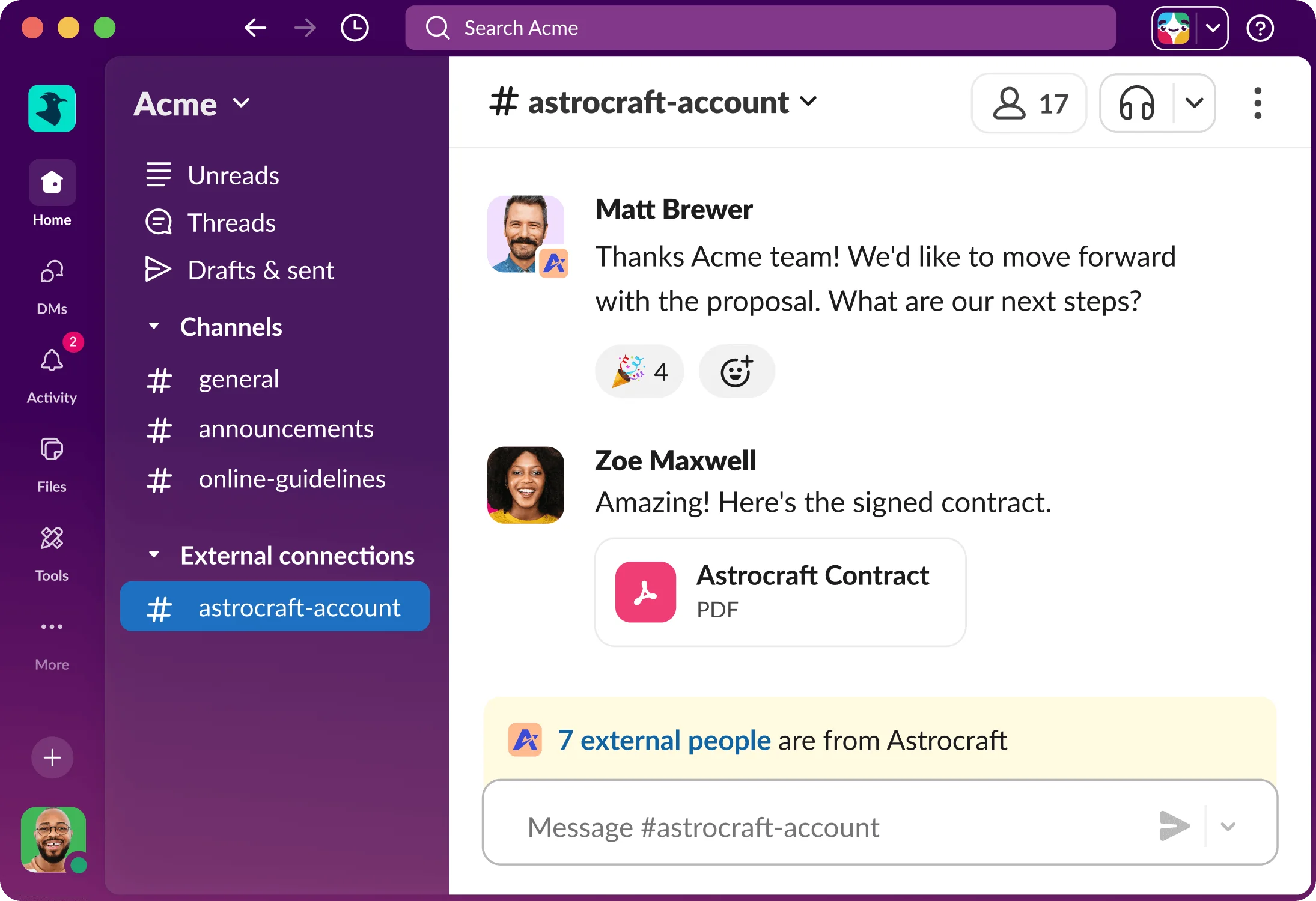 A Slack Connect channel showing a real-time conversation between an MSP and a client, as taken from Slack