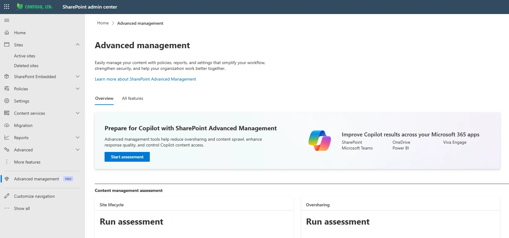 The Content Management Assessment hub in SharePoint showing readiness findings, as taken from Microsoft Learn