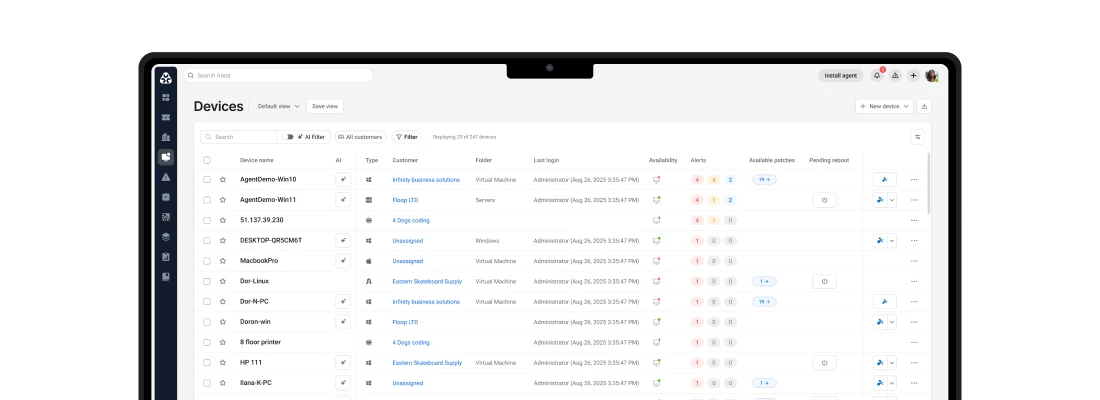 Atera's device management dashboard showing cross-customer endpoint fleet with alert counts and patch columns, as taken from Atera