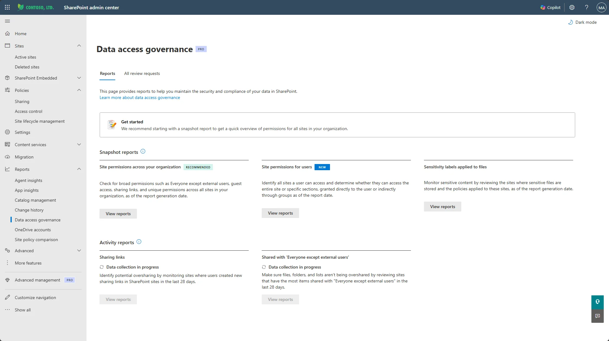The Data access governance page in the SharePoint admin center showing oversharing reports, as taken from Microsoft Learn