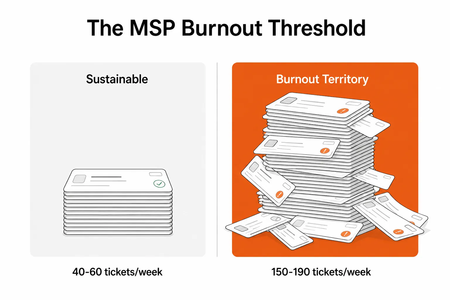 The MSP burnout threshold: sustainable vs. overloaded ticket volumes, as taken from Rallied