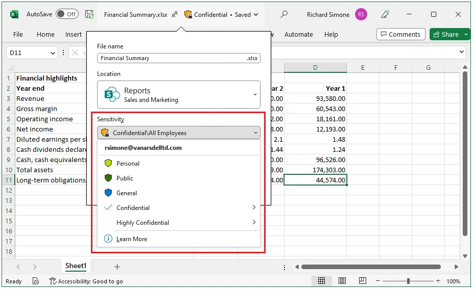 Sensitivity label shown on the Excel ribbon and status bar, as taken from Microsoft Learn