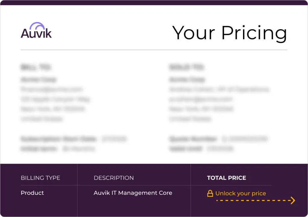 Auvik pricing invoice mockup showing the quote-based billing model with locked price field, as taken from Auvik