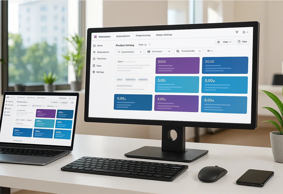 Sherweb's partner platform dual-monitor product catalog with subscription management, as taken from Sherweb